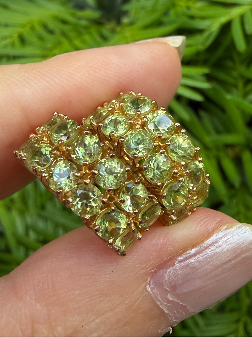 VINTAGE 14K YELLOW GOLD PERIDOT HOOP HOOPS HUGGIE EARRINGS DOUBLE ROWS OF STONES